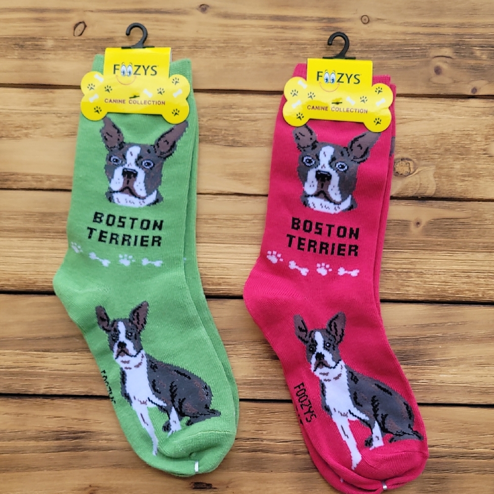 NWT Foozys Boston Terrier Dog Socks - Olive and Magenta 2 Pair Set - Unisex